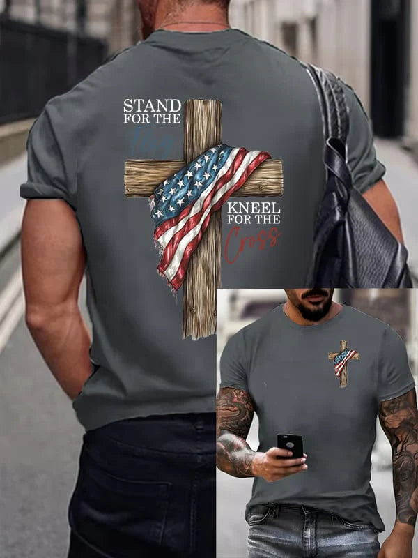 Men's Stand For The Flag Kneel For The Cross Printed Casual T-Shirt-ZQ