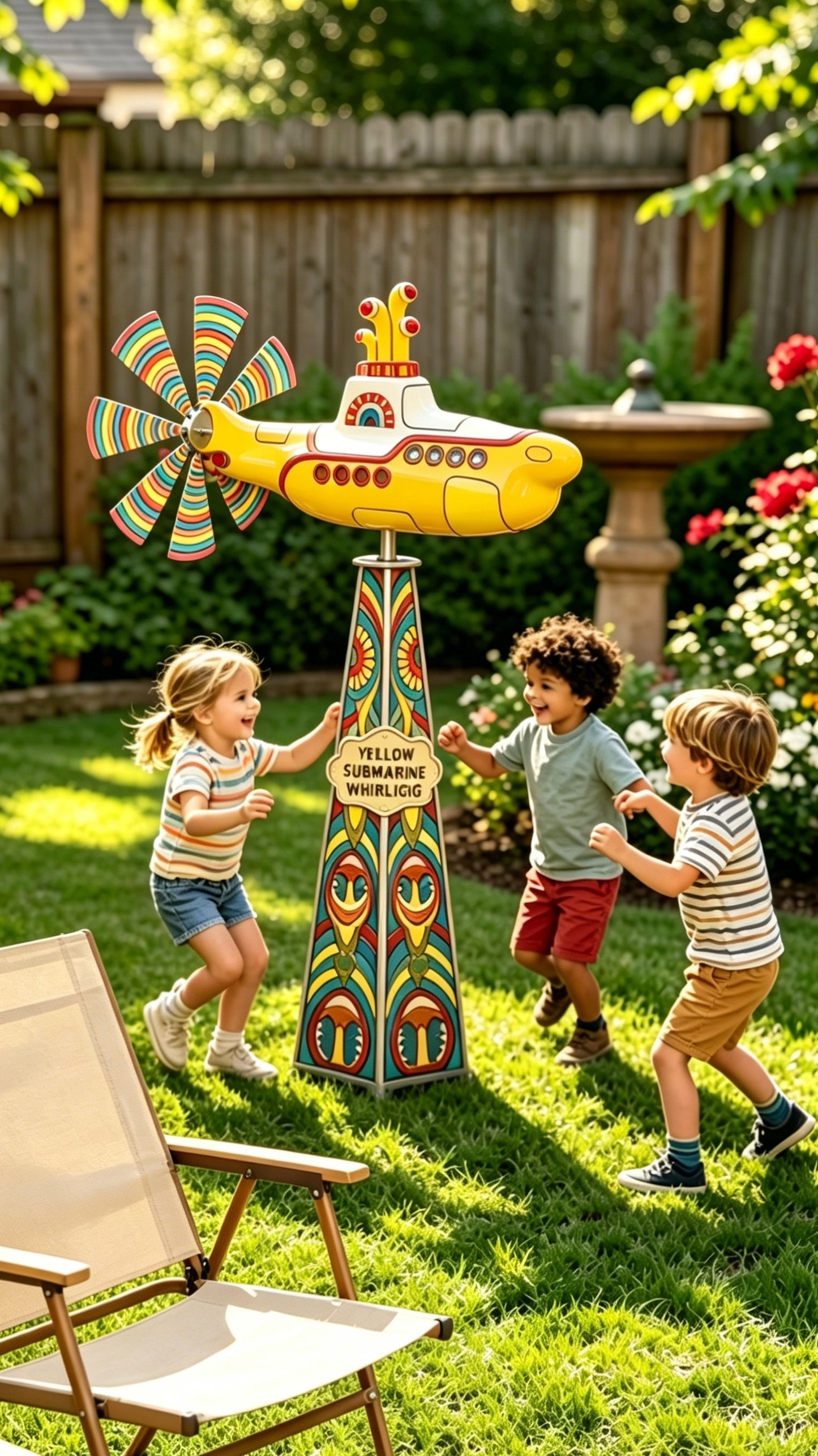 Yellow submarine windmill, a movable outdoor garden decoration with rotating blades, a sturdy and durable metal courtyard windmill, suitable for patios, porches or family gardens, featuring UV protection and non-fading dynamic art sculptures-LIN