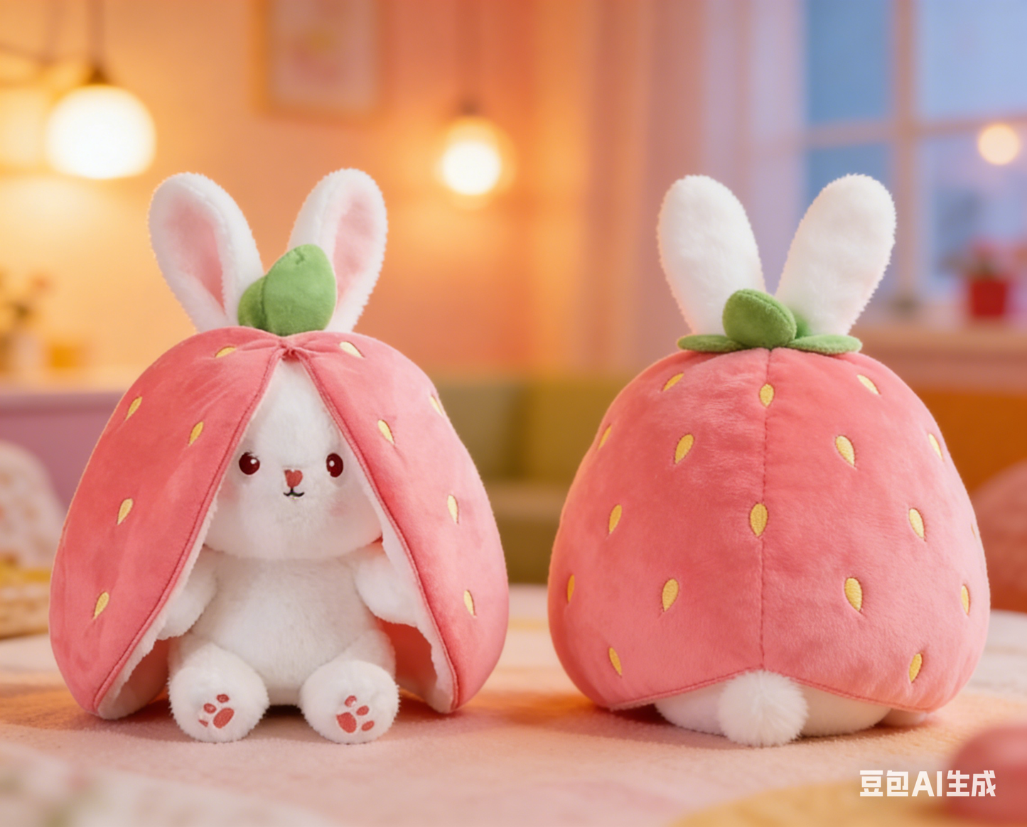 Bunny Stuffed Animal, Strawberry Reversible Cuddle Bunny Plush Doll with Zipper Cute Soft Rabbit Toys Pillow for Kids and Adults Easter Bunnies Plushies Gifts-LIN