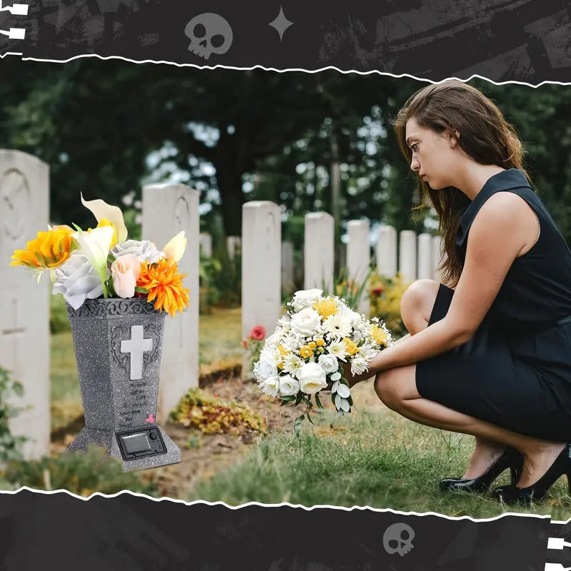 Solar Cemetery Grave Vase with LED – Headstone Flower Vase with Ground Spike for Fresh/Artificial Flowers – Memorial Grave Decor – Tribute Gift for Loss of Loved One-8WX