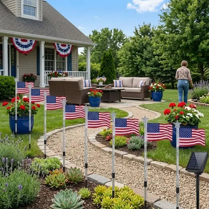 🎉Solar-powered outdoor American flag light set🎉, 4th of July Decorations with 8 Lighting Modes, Dusk-to-Dawn Auto On/Off Red White Blue Lights for Pathway, Garden Yd Decor, Solar Outdoor Lights-LIN
