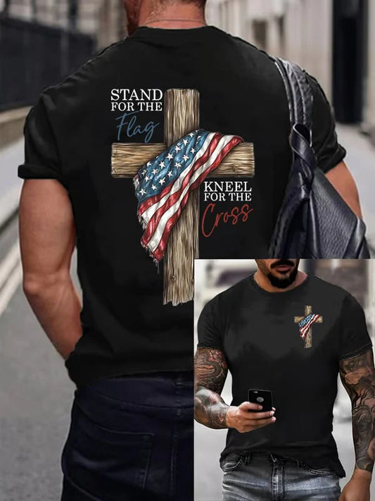 Men's Stand For The Flag Kneel For The Cross Printed Casual T-Shirt-ZQ
