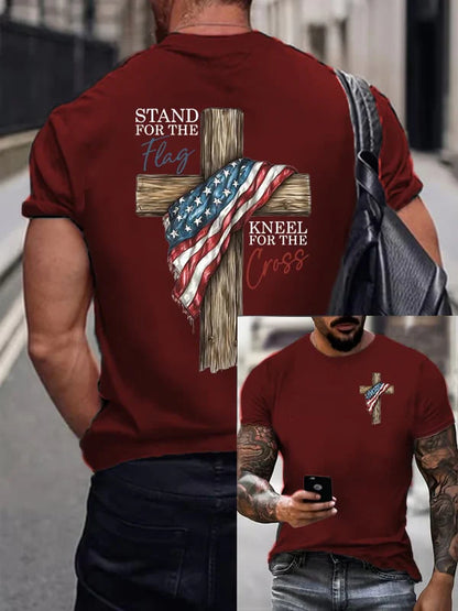 Men's Stand For The Flag Kneel For The Cross Printed Casual T-Shirt-ZQ