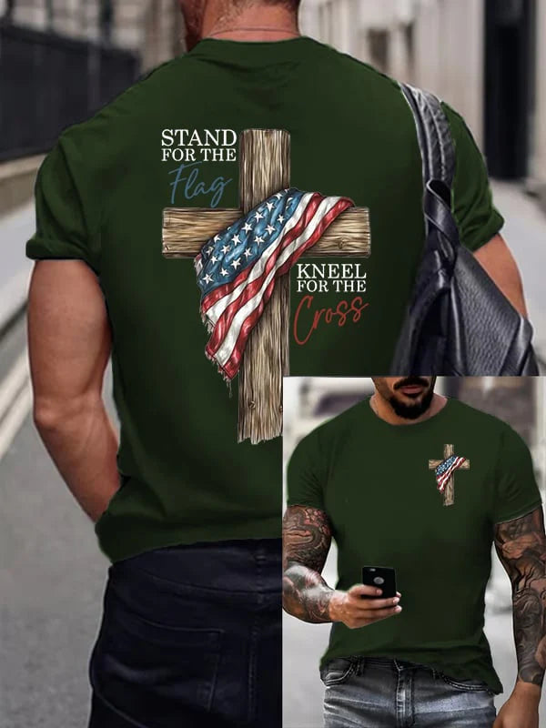 Men's Stand For The Flag Kneel For The Cross Printed Casual T-Shirt-ZQ