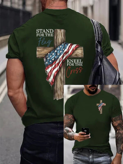 Men's Stand For The Flag Kneel For The Cross Printed Casual T-Shirt-ZQ