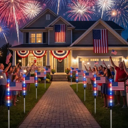 🎉Solar-powered outdoor American flag light set🎉, 4th of July Decorations with 8 Lighting Modes, Dusk-to-Dawn Auto On/Off Red White Blue Lights for Pathway, Garden Yd Decor, Solar Outdoor Lights-LIN