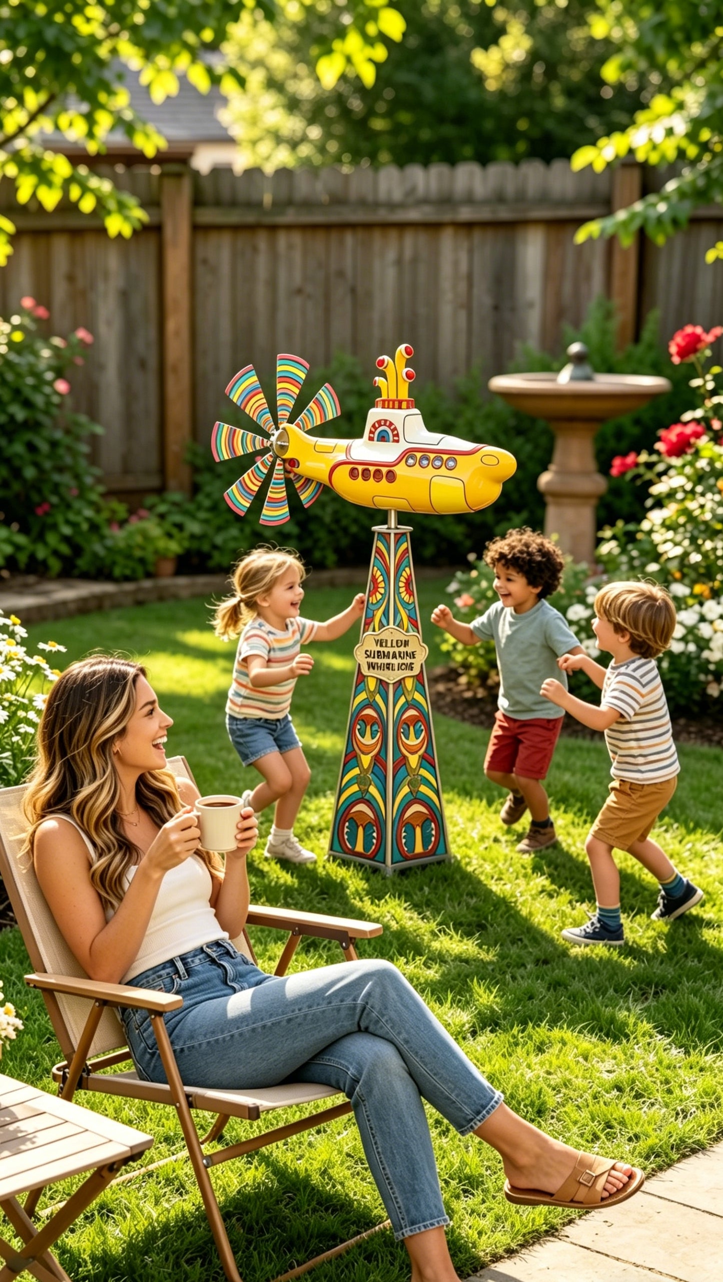 Yellow submarine windmill, a movable outdoor garden decoration with rotating blades, a sturdy and durable metal courtyard windmill, suitable for patios, porches or family gardens, featuring UV protection and non-fading dynamic art sculptures-LIN