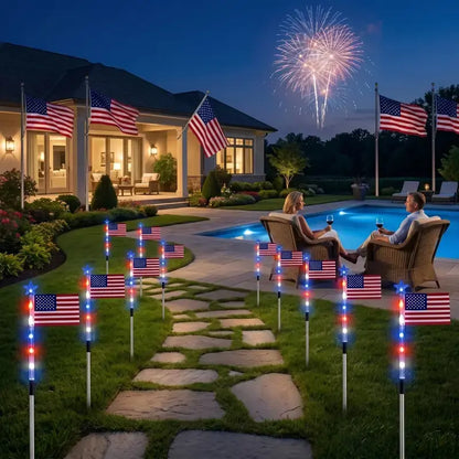 🎉Solar-powered outdoor American flag light set🎉, 4th of July Decorations with 8 Lighting Modes, Dusk-to-Dawn Auto On/Off Red White Blue Lights for Pathway, Garden Yd Decor, Solar Outdoor Lights-LIN