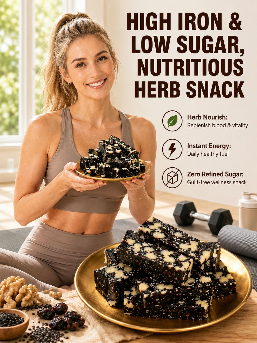 Mulberry Rehmannia & Black Goji Sesame Cake – Soft Herbal Nut Snack, Low Sugar Energy Bar-9YOE9