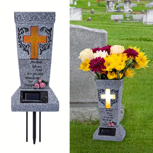 Solar Cemetery Grave Vase with LED – Headstone Flower Vase with Ground Spike for Fresh/Artificial Flowers – Memorial Grave Decor – Tribute Gift for Loss of Loved One-8WX