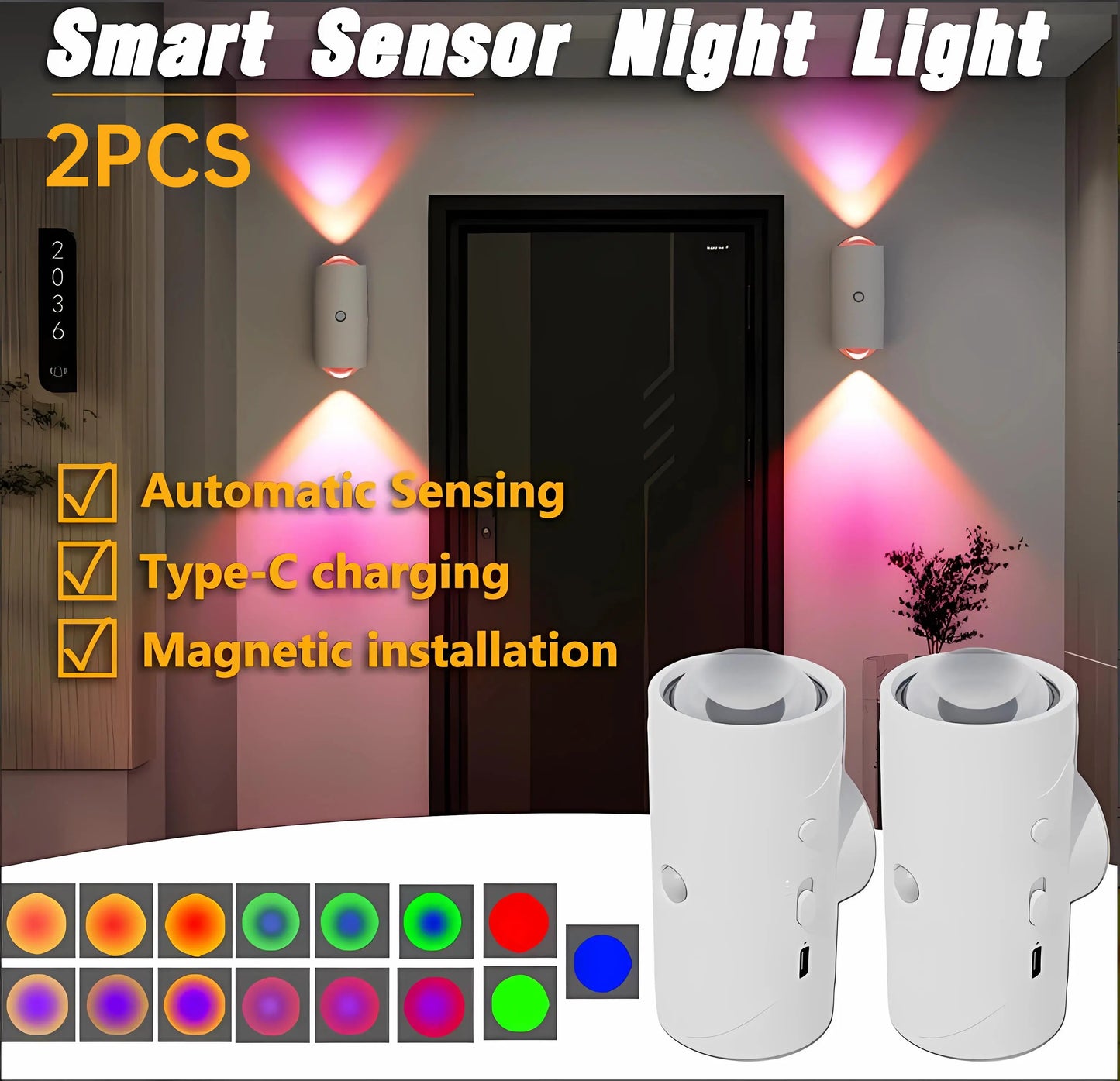 Under Cabinet Lights, Motion Sensor Night Light Indoor, Rechargeable 1500mAh LED, Auto-On Magnetic Dimmable Lamp, 7 Ambient Colors, Plug-Free Stick Anywhere Lighting for Bathroom, Bedroom, Kitchen, Stairs-8ZP