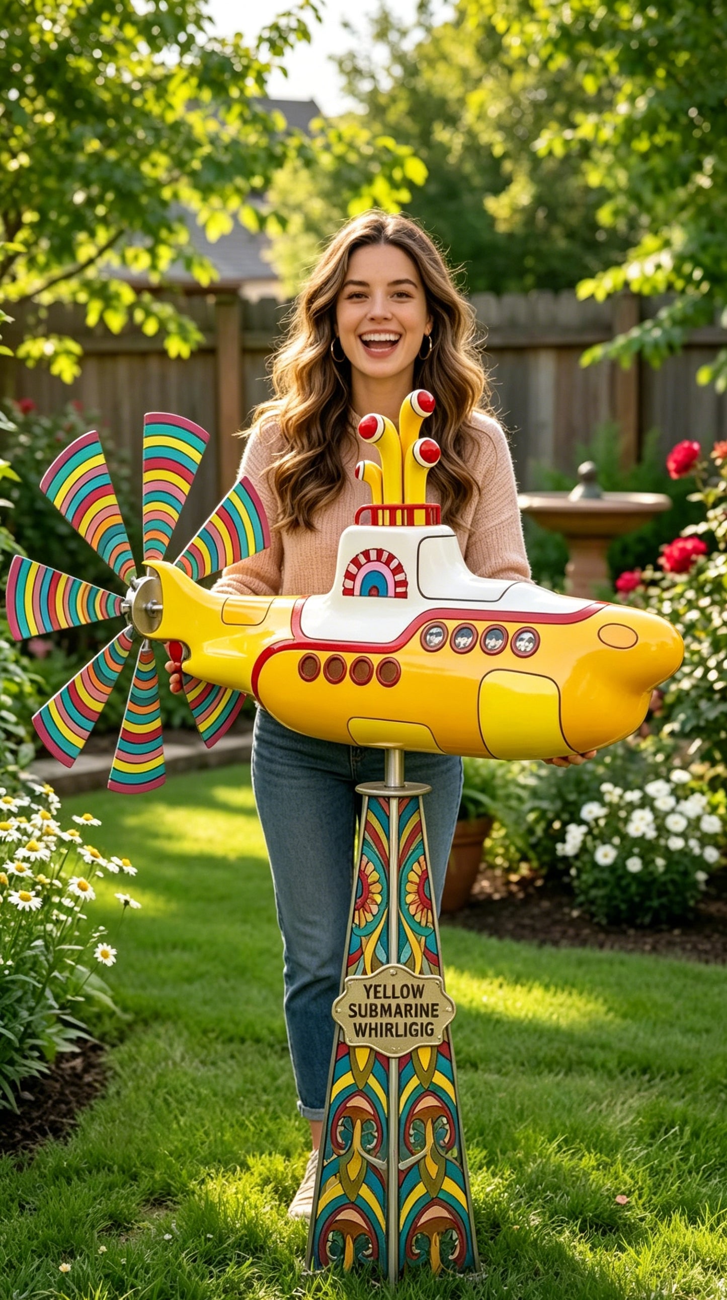 Yellow submarine windmill, a movable outdoor garden decoration with rotating blades, a sturdy and durable metal courtyard windmill, suitable for patios, porches or family gardens, featuring UV protection and non-fading dynamic art sculptures-LIN