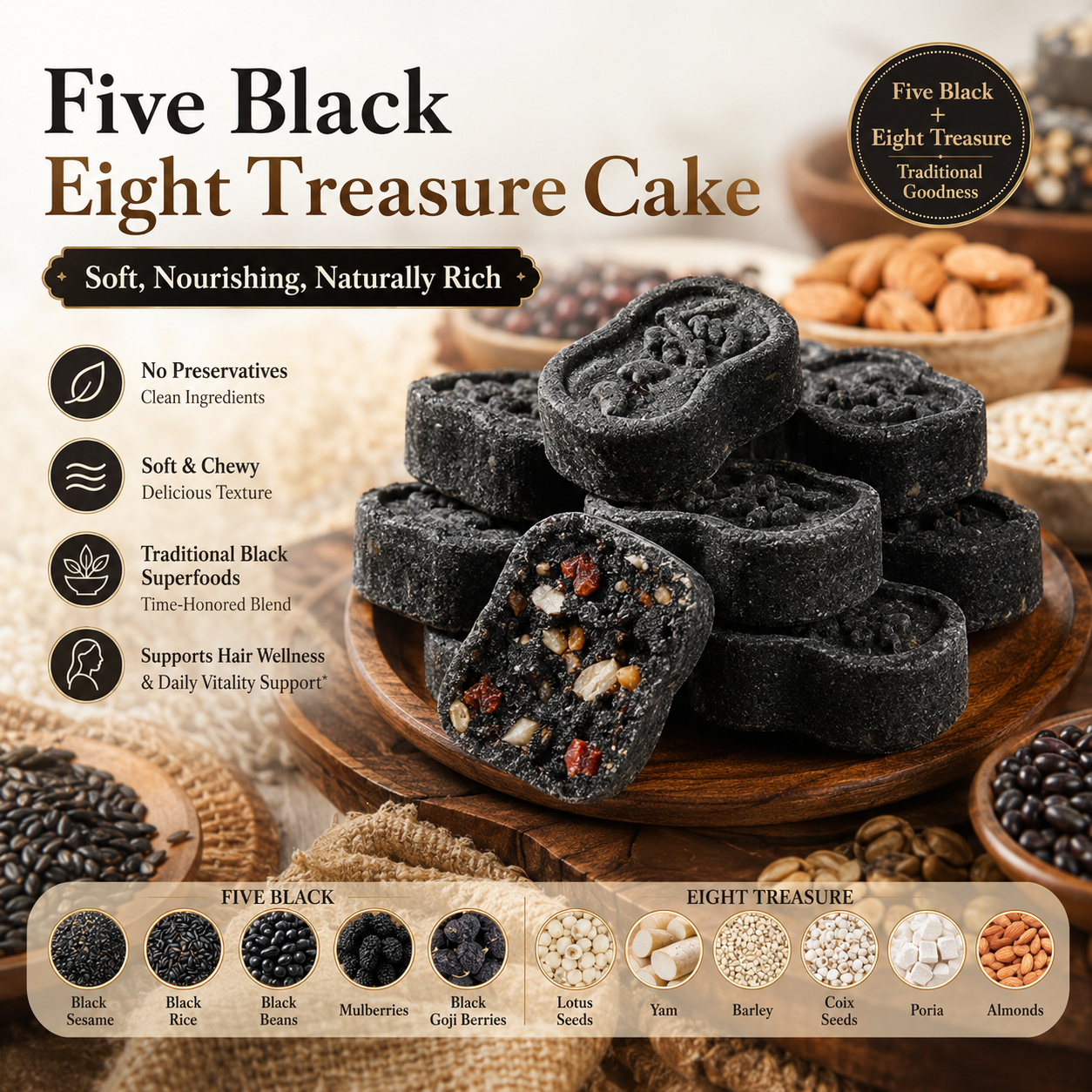 Five Black Eight Treasure Cake – Soft & Chewy Traditional Black Superfood Snack for Hair Wellness, Daily Vitality & Nourishing Energy-8WX