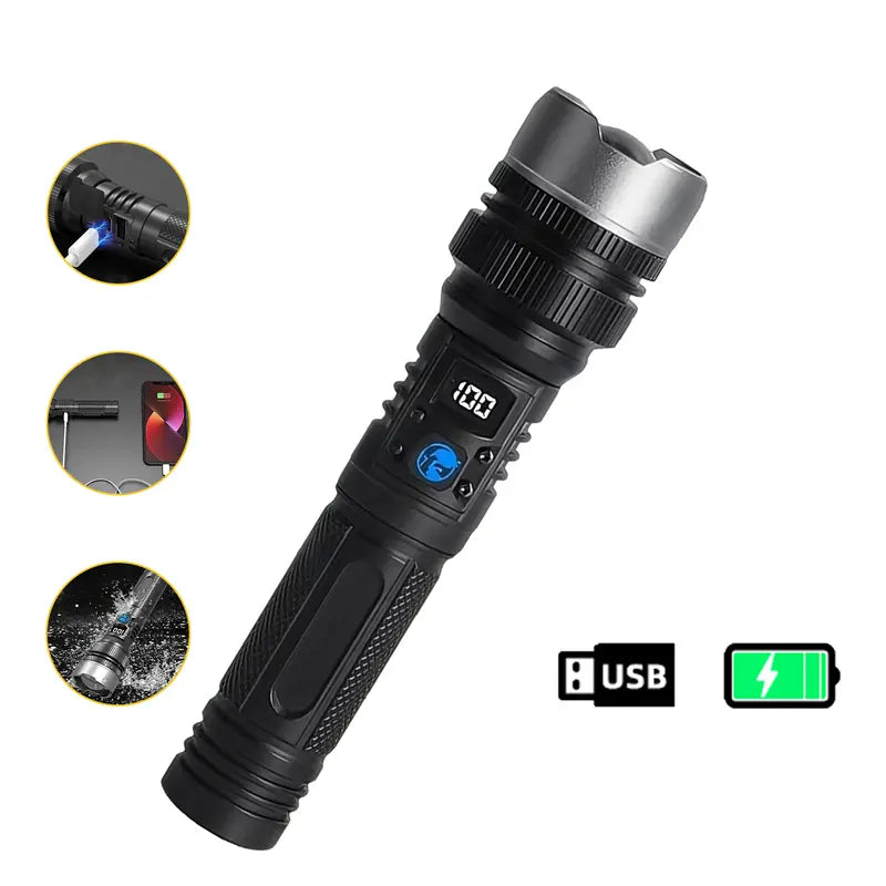 2-in-1 Strong Flashlight (Power Bank), Digital display ofpower, Rechargeable, Zoomable,, X4Waterproof,Adjustable Brightness Flash Light for Outdoor, Emergency,Camping Accessories, Black TiktokShopSpringGlowUp Lighting-8WX