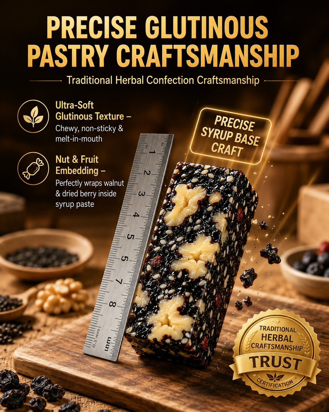 Mulberry Rehmannia & Black Goji Sesame Cake – Soft Herbal Nut Snack, Low Sugar Energy Bar-9YOE9