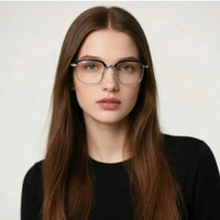 1 pair of silver half-rim metal auto-focus glasses + 1 premium scratch-resistant glasses case + 1 anti-fog cleaning cloth