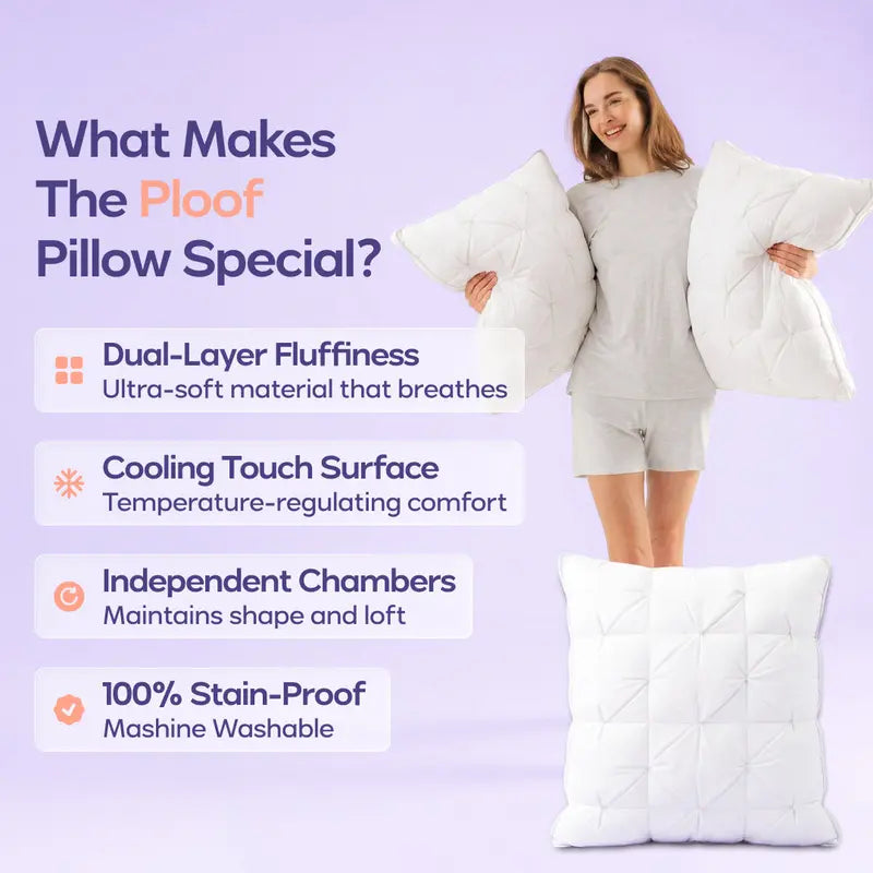 Mellow Sleep | Ploof Pillow – Extra-Fluffy Dual-Layer Pillow, Cloud-Like Soft Plush Bed Pillow with Breathable Support, Never Flat, Neck-Cradling Comfort for Side, Back & Stomach Sleepers, Machine Washable-8WX