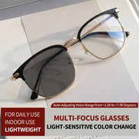 1 pair of gold half-rim metal auto-focus glasses + 1 premium scratch-resistant glasses case + 1 anti-fog cleaning cloth