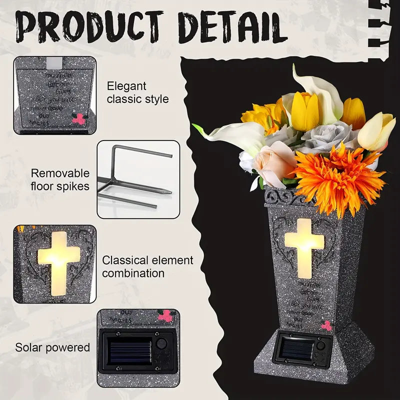 Solar Cemetery Grave Vase with LED – Headstone Flower Vase with Ground Spike for Fresh/Artificial Flowers – Memorial Grave Decor – Tribute Gift for Loss of Loved One-8WX