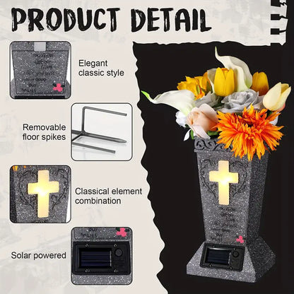 Solar Cemetery Grave Vase with LED – Headstone Flower Vase with Ground Spike for Fresh/Artificial Flowers – Memorial Grave Decor – Tribute Gift for Loss of Loved One-8WX