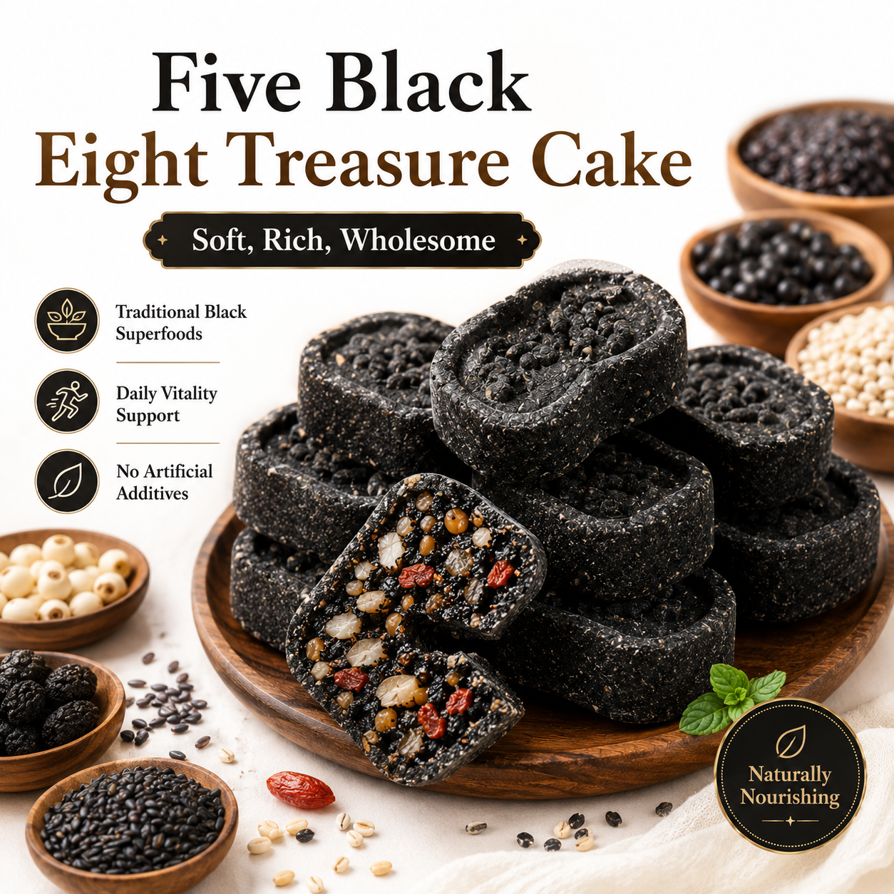 Five Black Eight Treasure Cake – Soft & Chewy Traditional Black Superfood Snack for Hair Wellness, Daily Vitality & Nourishing Energy-8WX