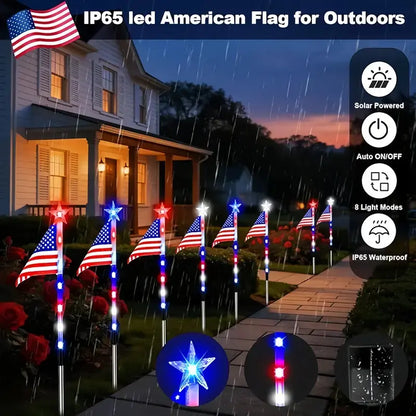 🎉Solar-powered outdoor American flag light set🎉, 4th of July Decorations with 8 Lighting Modes, Dusk-to-Dawn Auto On/Off Red White Blue Lights for Pathway, Garden Yd Decor, Solar Outdoor Lights-LIN
