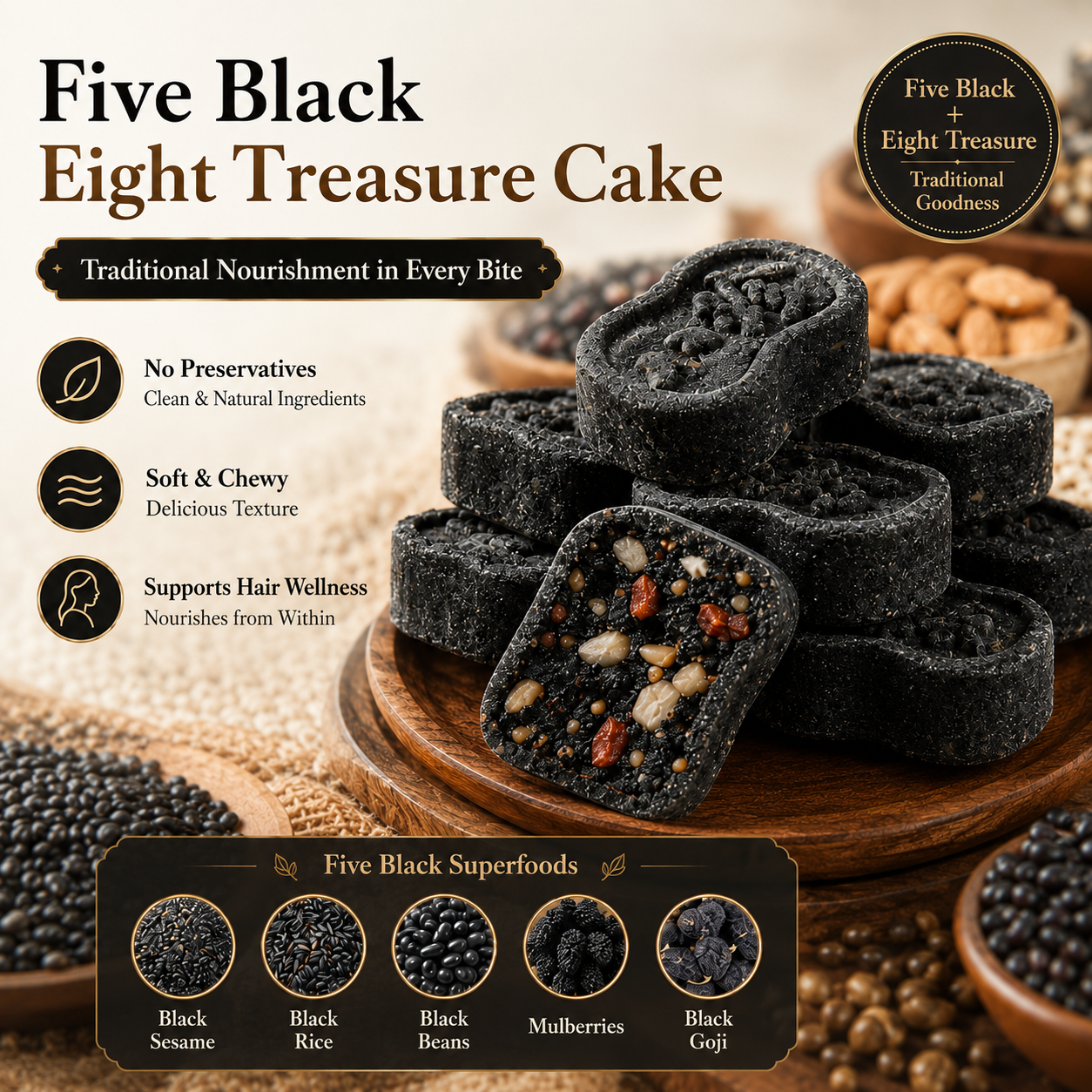 Five Black Eight Treasure Cake – Soft & Chewy Traditional Black Superfood Snack for Hair Wellness, Daily Vitality & Nourishing Energy-8WX