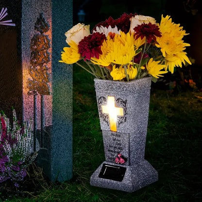 Solar Cemetery Grave Vase with LED – Headstone Flower Vase with Ground Spike for Fresh/Artificial Flowers – Memorial Grave Decor – Tribute Gift for Loss of Loved One-8WX