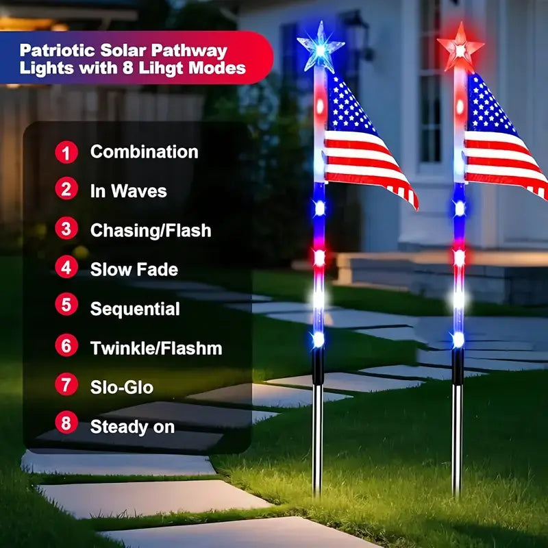 🎉Solar-powered outdoor American flag light set🎉, 4th of July Decorations with 8 Lighting Modes, Dusk-to-Dawn Auto On/Off Red White Blue Lights for Pathway, Garden Yd Decor, Solar Outdoor Lights-LIN