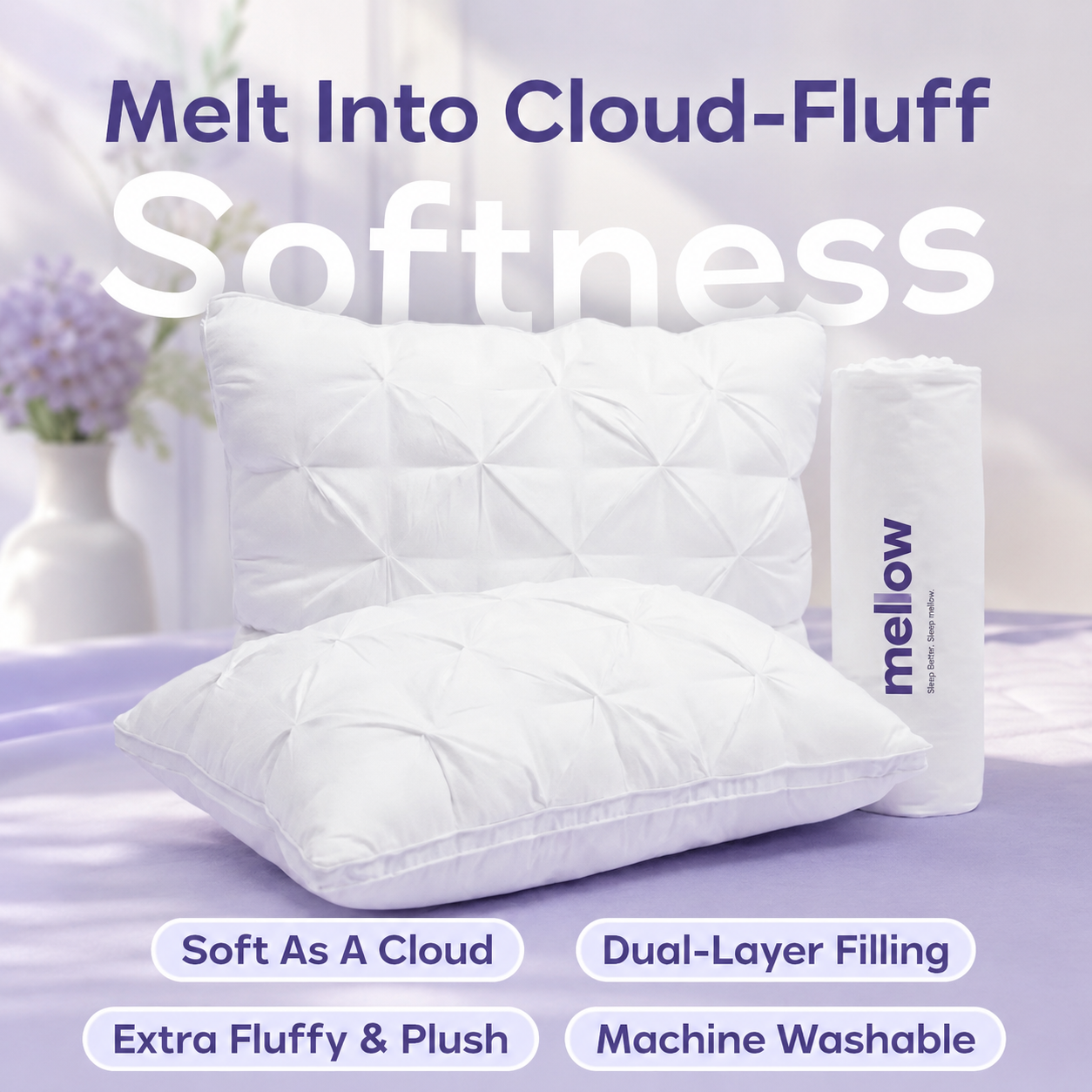 Mellow Sleep | Ploof Pillow – Extra-Fluffy Dual-Layer Pillow, Cloud-Like Soft Plush Bed Pillow with Breathable Support, Never Flat, Neck-Cradling Comfort for Side, Back & Stomach Sleepers, Machine Washable-8WX