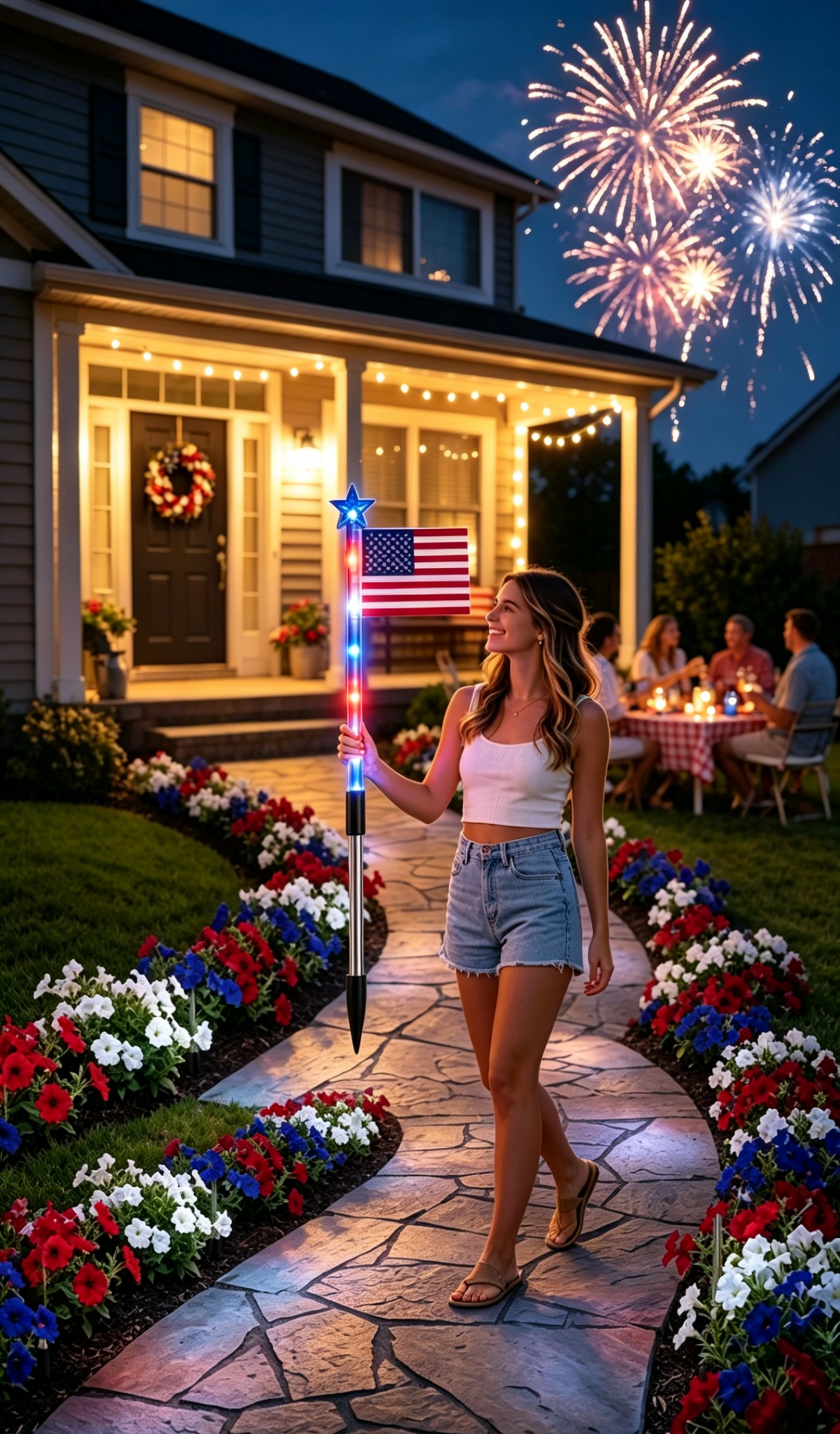 🎉Solar-powered outdoor American flag light set🎉, 4th of July Decorations with 8 Lighting Modes, Dusk-to-Dawn Auto On/Off Red White Blue Lights for Pathway, Garden Yd Decor, Solar Outdoor Lights-LIN