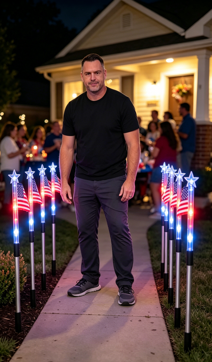 🎉Solar-powered outdoor American flag light set🎉, 4th of July Decorations with 8 Lighting Modes, Dusk-to-Dawn Auto On/Off Red White Blue Lights for Pathway, Garden Yd Decor, Solar Outdoor Lights-LIN