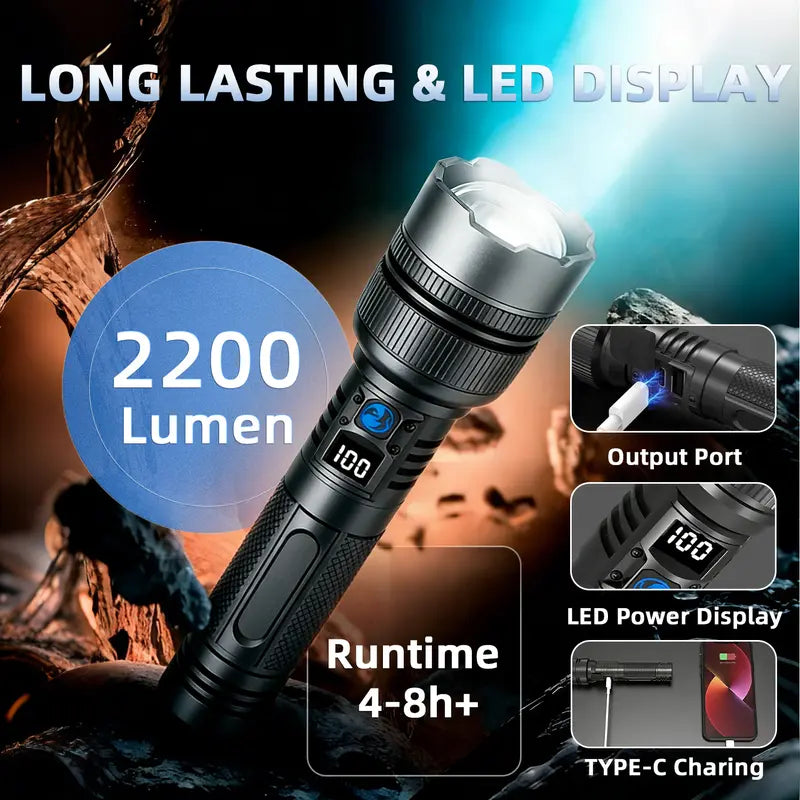 2-in-1 Strong Flashlight (Power Bank), Digital display ofpower, Rechargeable, Zoomable,, X4Waterproof,Adjustable Brightness Flash Light for Outdoor, Emergency,Camping Accessories, Black TiktokShopSpringGlowUp Lighting-8WX