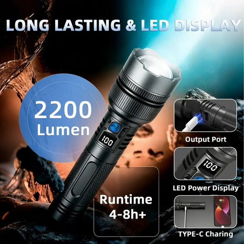 2-in-1 Strong Flashlight (Power Bank), Digital display ofpower, Rechargeable, Zoomable,, X4Waterproof,Adjustable Brightness Flash Light for Outdoor, Emergency,Camping Accessories, Black TiktokShopSpringGlowUp Lighting-8WX