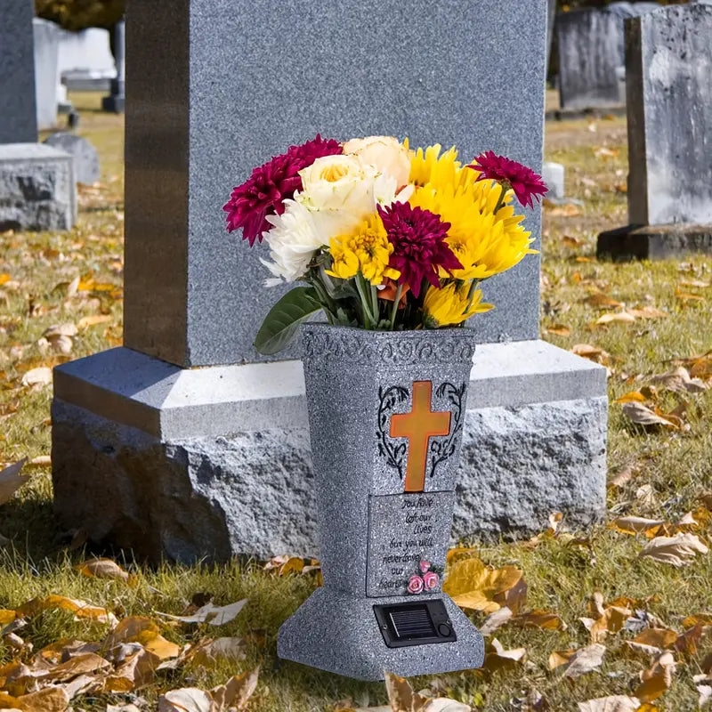 Solar Cemetery Grave Vase with LED – Headstone Flower Vase with Ground Spike for Fresh/Artificial Flowers – Memorial Grave Decor – Tribute Gift for Loss of Loved One-8WX