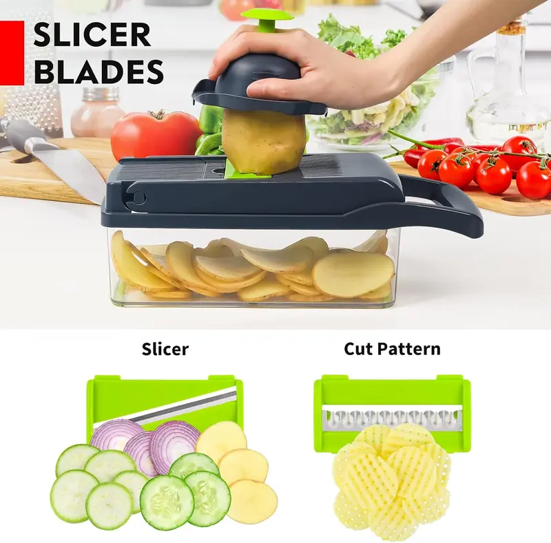 Multifunctional 14 in 1 Food Chopper, Kitchen Vegetable Slicer Dicer Cutter With 8 Blades, Onion Chopper With Container Stainless Steel Utensils-LIN