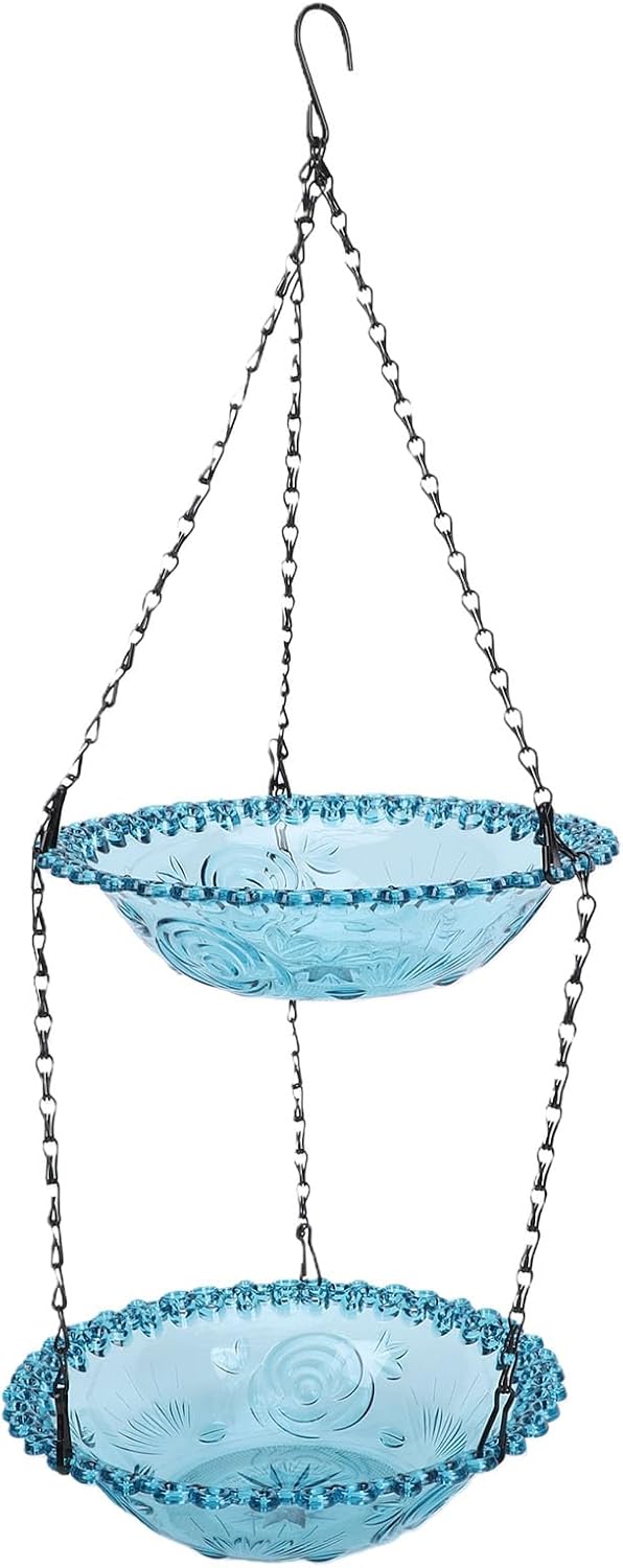 Hanging Bird Feeder and Bath, Double Layer Plastic Feeder Bowl with Metal Chain for Outdoor Garden Courtyard, Weather Immune Versatile Design Attracts Wild Birds-YAO