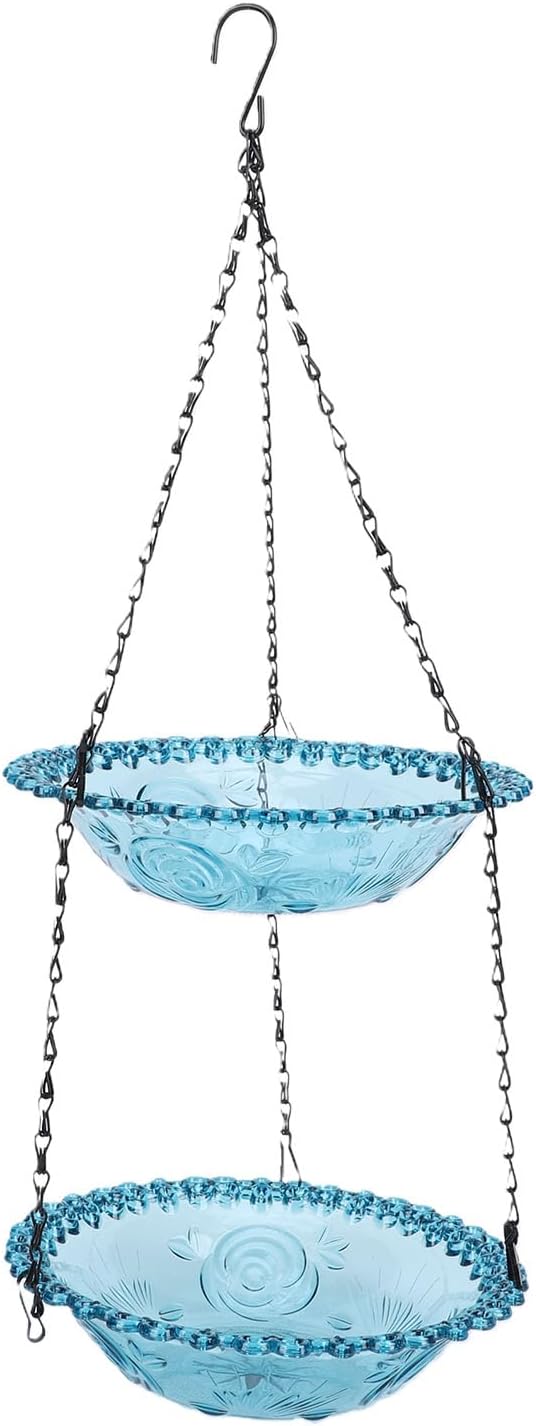 Hanging Bird Feeder and Bath, Double Layer Plastic Feeder Bowl with Metal Chain for Outdoor Garden Courtyard, Weather Immune Versatile Design Attracts Wild Birds-YAO
