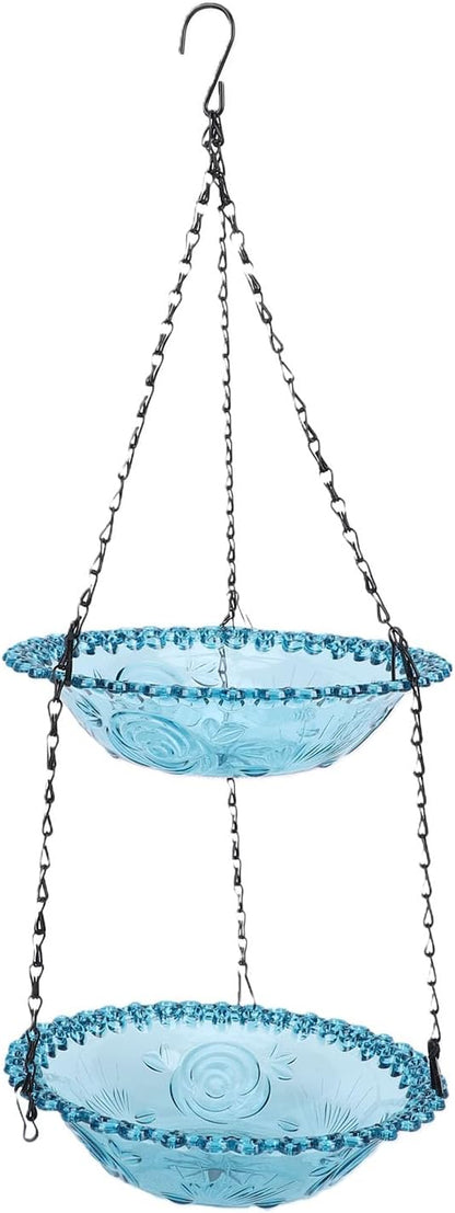 Hanging Bird Feeder and Bath, Double Layer Plastic Feeder Bowl with Metal Chain for Outdoor Garden Courtyard, Weather Immune Versatile Design Attracts Wild Birds-YAO