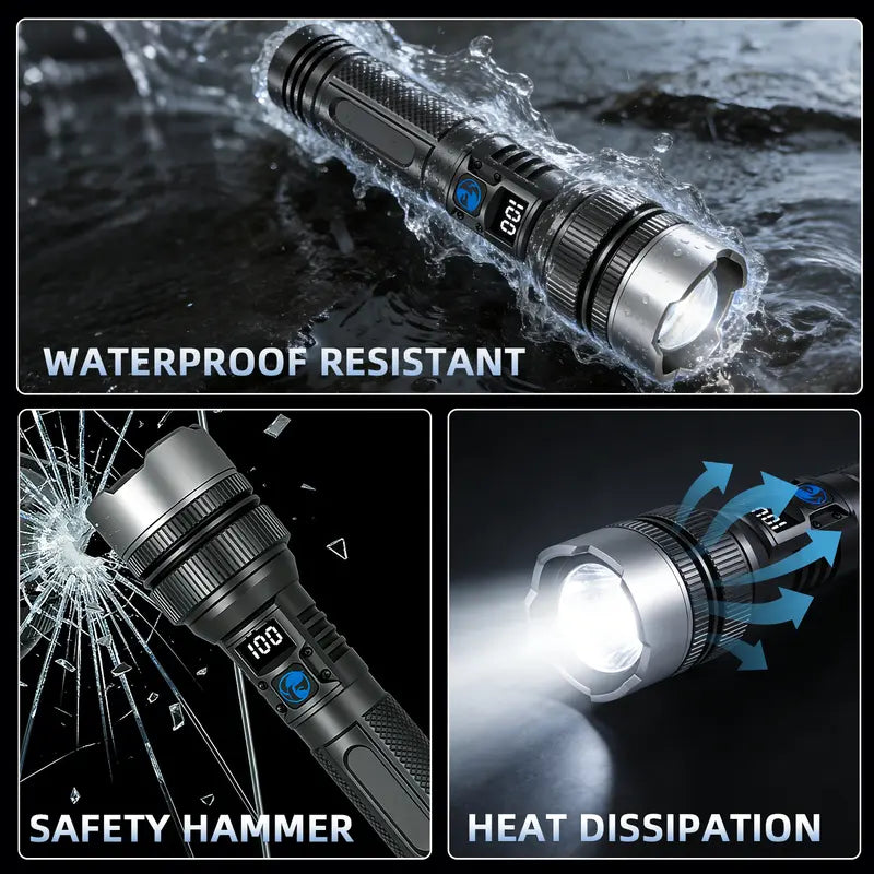 2-in-1 Strong Flashlight (Power Bank), Digital display ofpower, Rechargeable, Zoomable,, X4Waterproof,Adjustable Brightness Flash Light for Outdoor, Emergency,Camping Accessories, Black TiktokShopSpringGlowUp Lighting-8WX