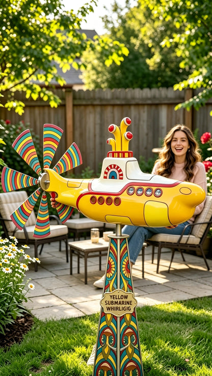 Yellow submarine windmill, a movable outdoor garden decoration with rotating blades, a sturdy and durable metal courtyard windmill, suitable for patios, porches or family gardens, featuring UV protection and non-fading dynamic art sculptures-LIN