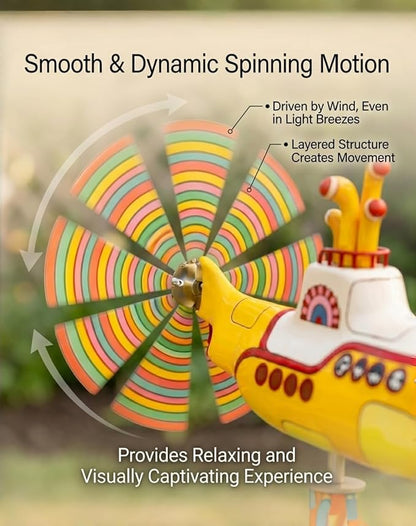 Yellow submarine windmill, a movable outdoor garden decoration with rotating blades, a sturdy and durable metal courtyard windmill, suitable for patios, porches or family gardens, featuring UV protection and non-fading dynamic art sculptures-LIN