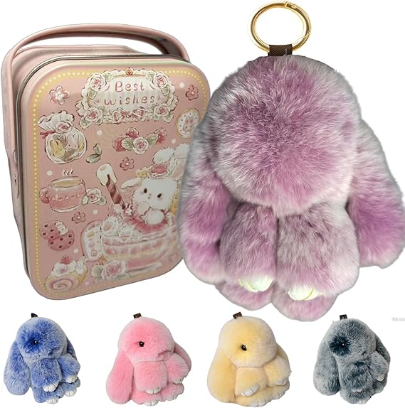 Bunny Keychain with Tin,Bunny Handmade Soft Pompom Charms,Fluffy Keychain Accessories for Womens-YAO