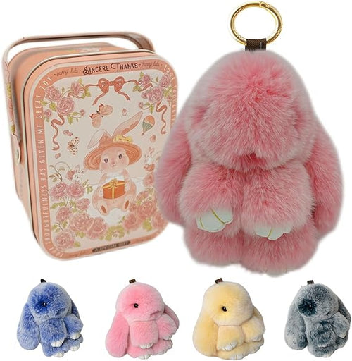 Bunny Keychain with Tin,Bunny Handmade Soft Pompom Charms,Fluffy Keychain Accessories for Womens-YAO