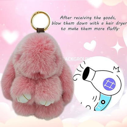 Bunny Keychain with Tin,Bunny Handmade Soft Pompom Charms,Fluffy Keychain Accessories for Womens-YAO