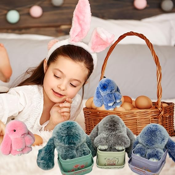 Bunny Keychain with Tin,Bunny Handmade Soft Pompom Charms,Fluffy Keychain Accessories for Womens-YAO