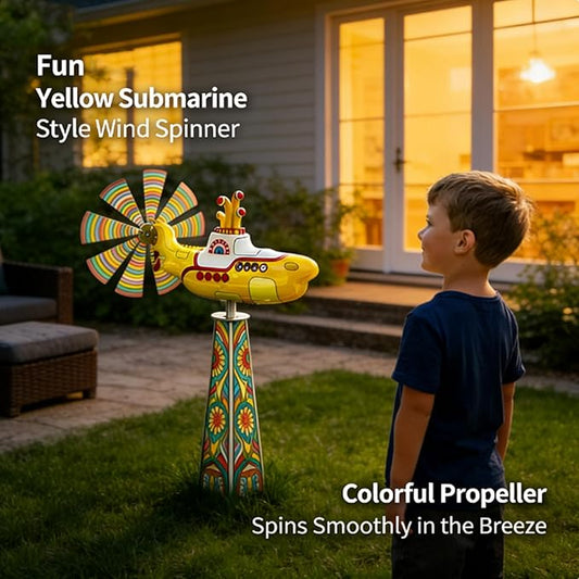 Yellow submarine windmill, a movable outdoor garden decoration with rotating blades, a sturdy and durable metal courtyard windmill, suitable for patios, porches or family gardens, featuring UV protection and non-fading dynamic art sculptures-LIN
