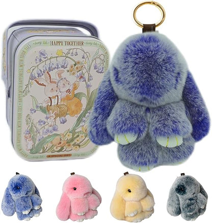 Bunny Keychain with Tin,Bunny Handmade Soft Pompom Charms,Fluffy Keychain Accessories for Womens-YAO
