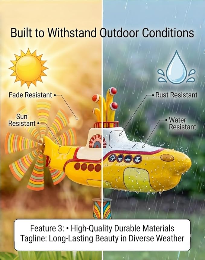 Yellow submarine windmill, a movable outdoor garden decoration with rotating blades, a sturdy and durable metal courtyard windmill, suitable for patios, porches or family gardens, featuring UV protection and non-fading dynamic art sculptures-LIN