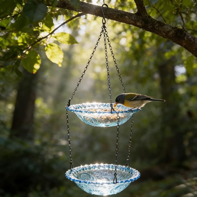 Hanging Bird Feeder and Bath, Double Layer Plastic Feeder Bowl with Metal Chain for Outdoor Garden Courtyard, Weather Immune Versatile Design Attracts Wild Birds-YAO